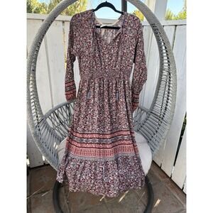 Knox Rose Floral Midi Dress M Long Sleeve Boho Prairie Peasant Tassel Size M